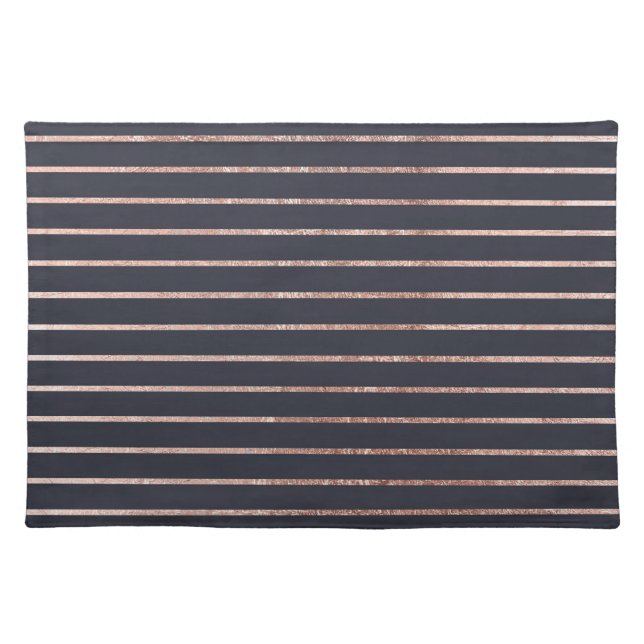 Elegant Chic Rose Gold Stripes and Navy Blue Cloth Placemat (Front)