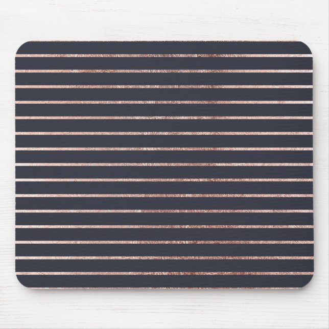 Elegant Chic Rose Gold Stripes and Navy Blue Mouse Pad (Front)