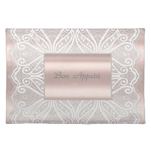 Elegant Chic Rose Gold,White  Lace, Bon Appetit Cloth Placemat