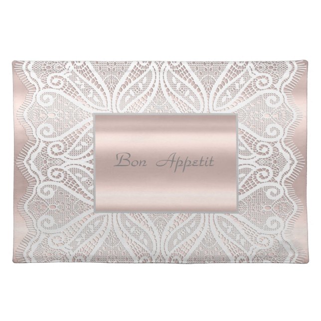 Elegant Chic Rose Gold,White  Lace, Bon Appetit Cloth Placemat (Front)