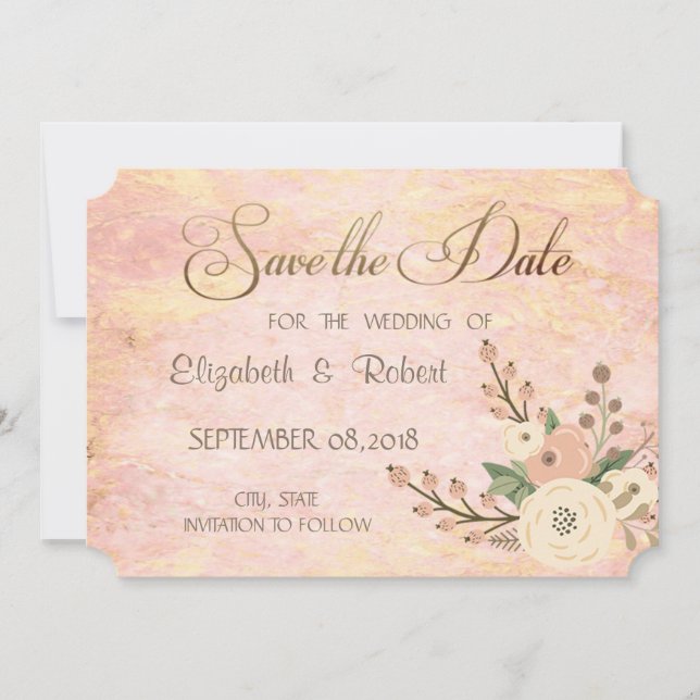 Elegant Chic Rose Marble Floral Save The Date (Front)