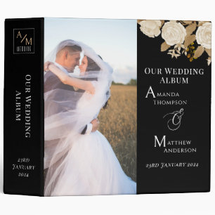 Elegant Chic Rose Monogram Black Photo  3 Ring Binder