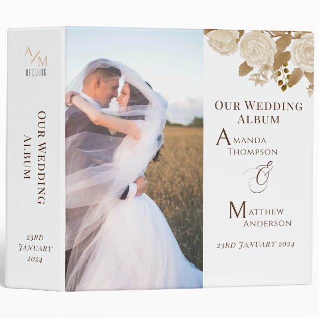 Elegant Chic Rose Monogram White Photo  3 Ring Binder (Front/Spine)