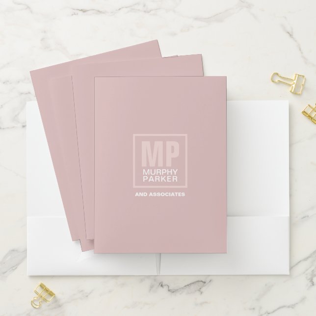 Elegant Chic Rose Pink Square Monogram Logo Pocket Folder (In Situ)
