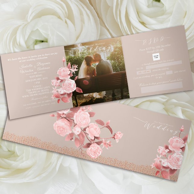 Elegant Chic Rose Wedding Tri-Fold Invitation (Chic Rose Wedding Folding Photo Wedding Invitation Card.)