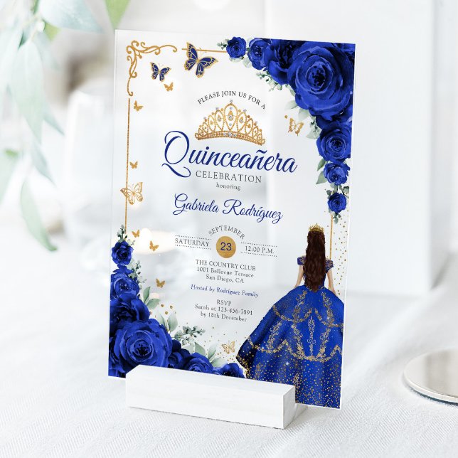 Elegant Chic Royal Blue Roses Gold Quinceanera  Acrylic Invitations (Creator Uploaded)