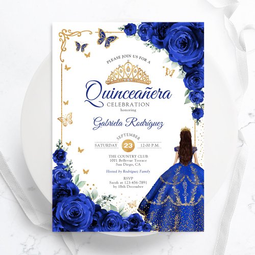 Elegant Chic Royal Blue Roses Gold Quinceanera Invitation