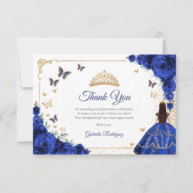 Elegant Chic Royal Blue Roses Gold Quinceanera Thank You Card (Front)