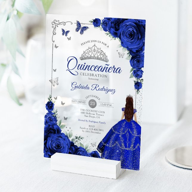 Elegant Chic Royal Blue Roses Silver Quinceanera  Acrylic Invitations (Creator Uploaded)