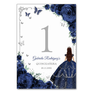 Elegant Chic Royal Blue Roses Silver Quinceanera Table Number