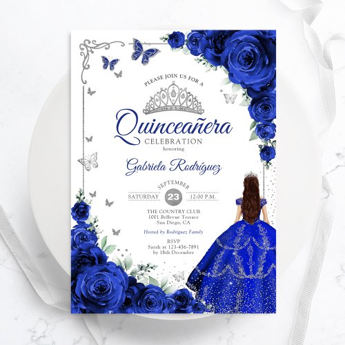 Elegant Chic Royal Blue Silver Floral Quinceanera Invitation