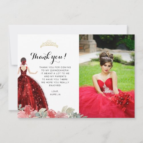 Elegant Chic Ruby Red Floral Geometric Quinceaera Thank You Card