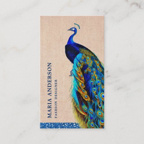 Elegant Chic Rustic Burlap Blue Indian Peacock Business Card