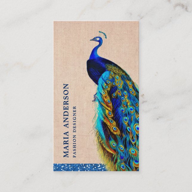 Elegant Chic Rustic Burlap Blue Indian Peacock Business Card (Front)