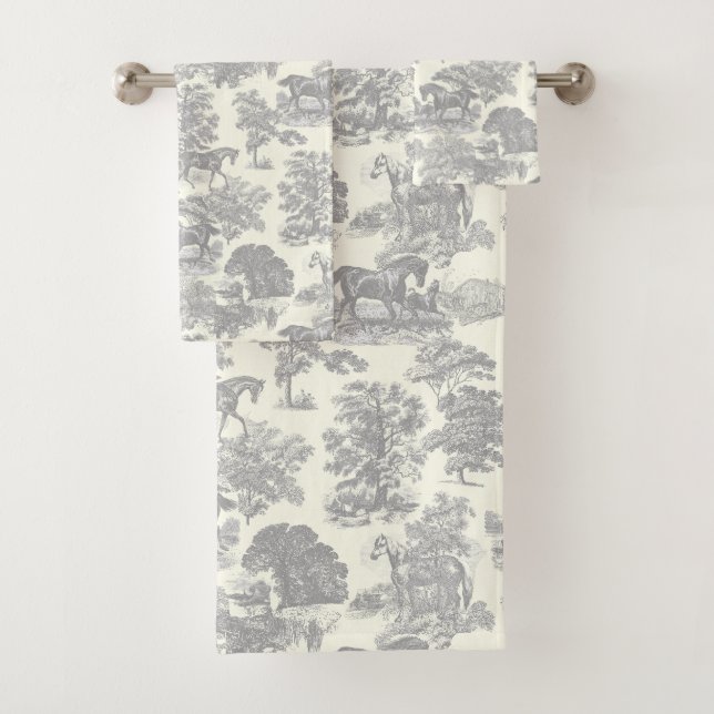 Elegant Chic Rustic Horse Gray Toile Bath Towel Set (Insitu)