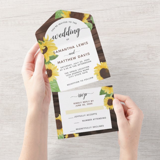 Elegant Chic Rustic Sunflower Wedding All In One Invitation (Tearaway)