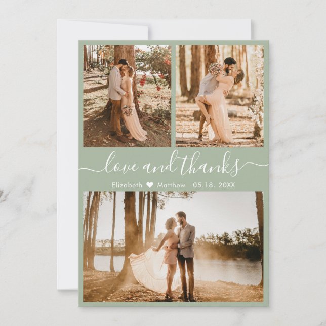 Elegant Chic Sage Green 3 Photo Collage Wedding Th Thank You Card (Front)