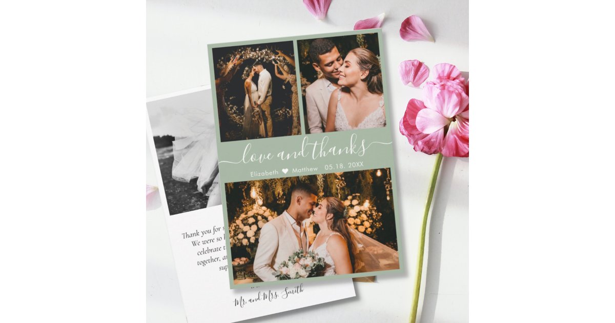 Elegant Chic Sage Green 3 Photo Collage Wedding Thank You Card | Zazzle