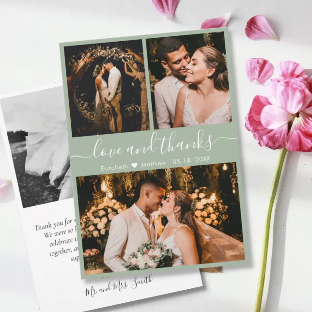 Elegant Chic Sage Green 3 Photo Collage Wedding Thank You Card | Zazzle