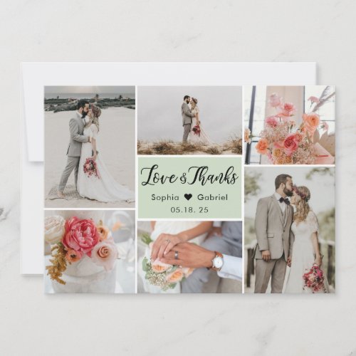 Elegant Chic Sage Green 6 Photo Collage Wedding Thank You Card