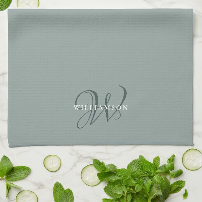 Elegant Chic Sage Green Family Monogram  Kitchen Towel (Folded)
