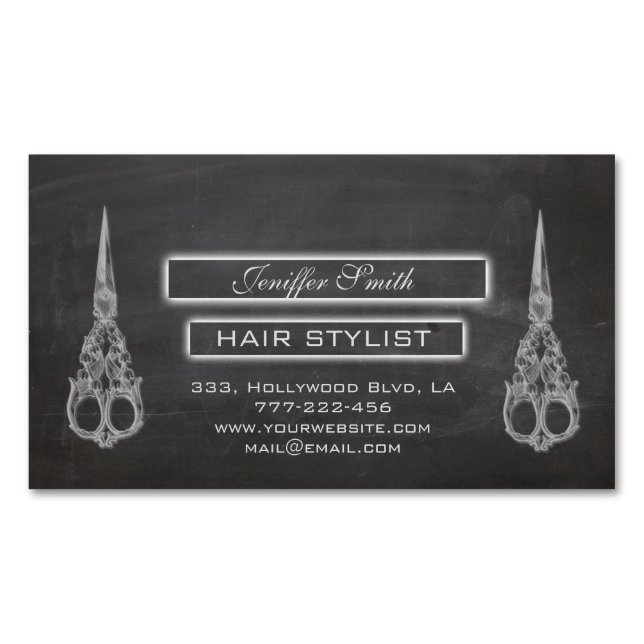 Elegant  chic scissors chalkboard hair stylist business card magnet (Front)