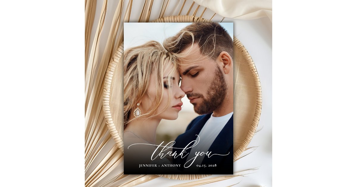 Elegant Chic Script 2 Photo Wedding Thank You Card | Zazzle