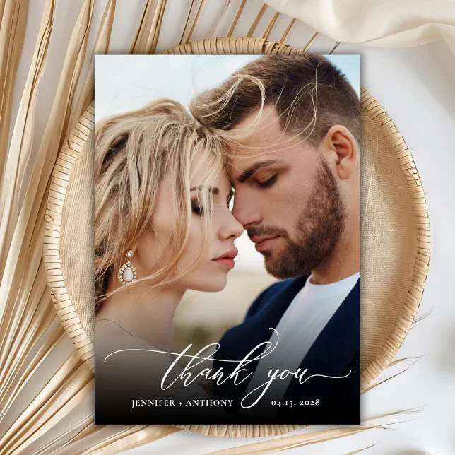 Elegant Chic Script 2 Photo Wedding Thank You Card | Zazzle