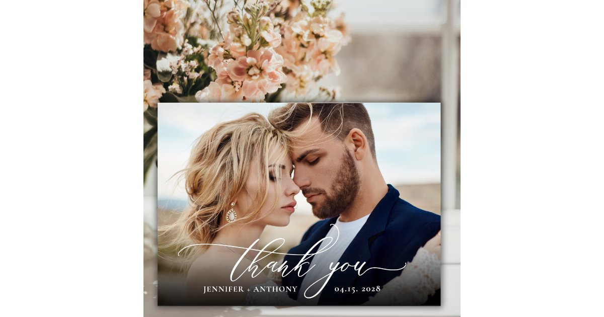 Elegant Chic Script 2 Photo Wedding Thank You Card | Zazzle