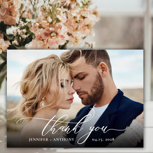 Elegant Chic Script 2 Photo Wedding Thank You Card | Zazzle