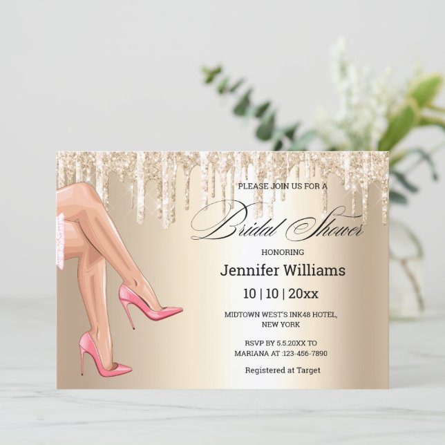 elegant chic script gold glitters bridal shower  invitation (Standing Front)