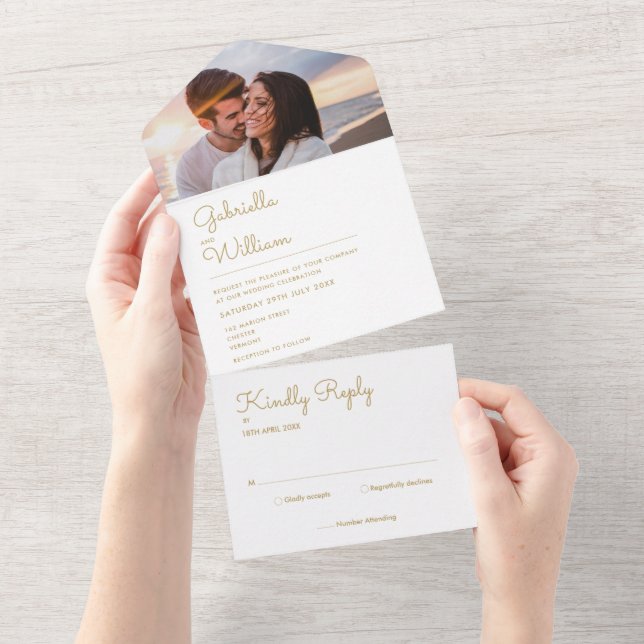 Elegant Chic Script Gold Monogram Photo Wedding All In One Invitation (Tearaway)