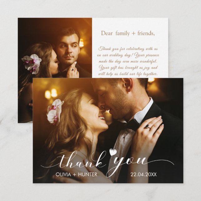 Elegant Chic Script Gold Wedding 2 Photo  Thank You Card (Front/Back)