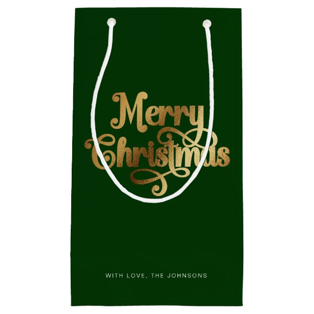Elegant Chic Script Green Gold Merry Christmas Small Gift Bag (Front)