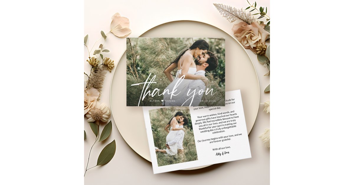 Elegant Chic Script Heart Wedding Photo Thank You Card | Zazzle