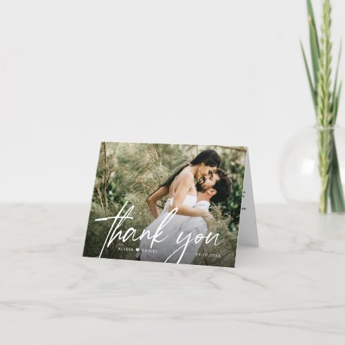 Elegant Chic Script Heart Wedding Photo Thank You Card