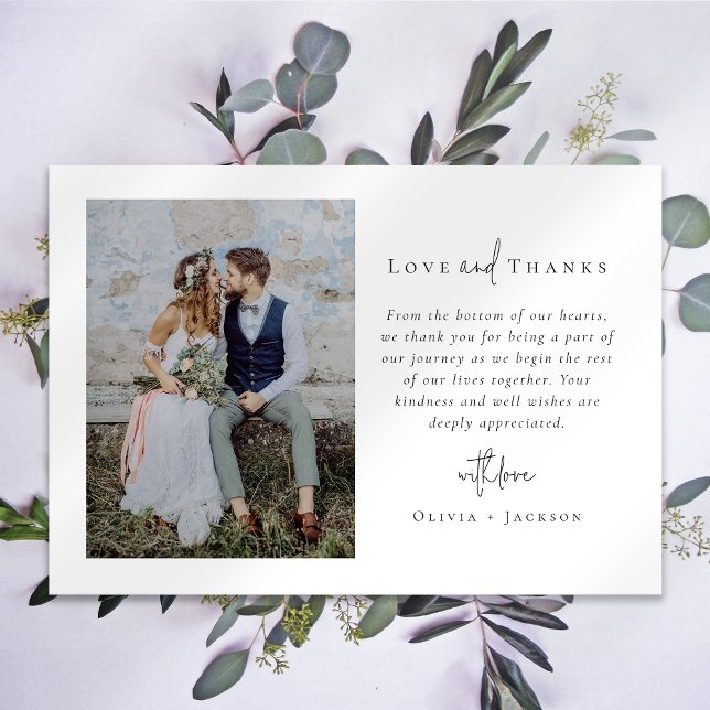 Elegant Chic Script Love and Thanks Photo Wedding Thank You Card (Creator Uploaded)