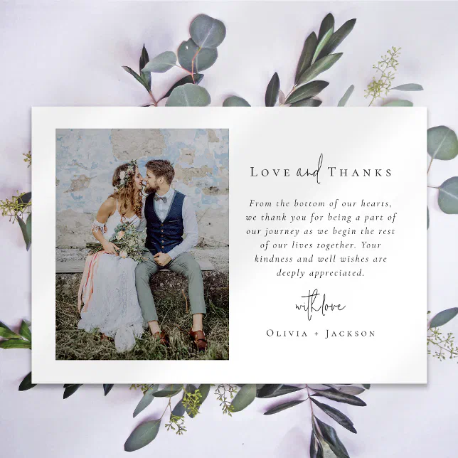 Elegant Chic Script Love and Thanks Photo Wedding Thank You Card | Zazzle