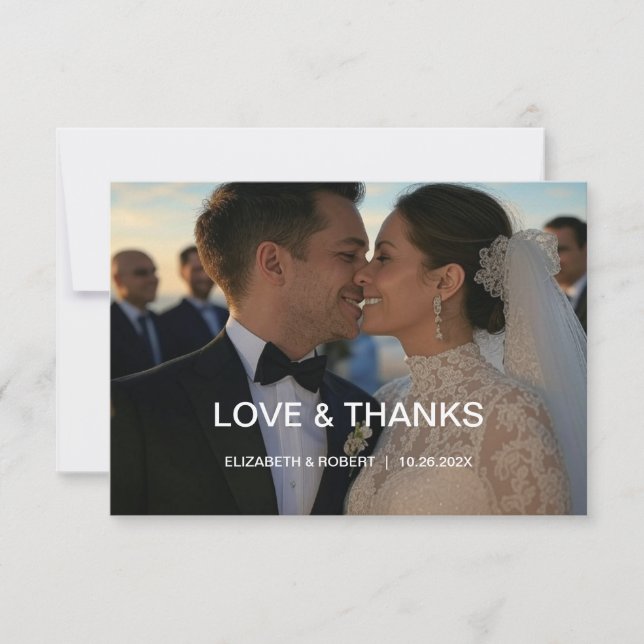 Elegant Chic Script Love Heart Wedding 2 Photos Thank You Card (Front)