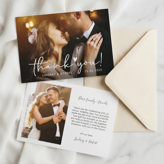 Elegant Chic Script Love Heart Wedding Photo Thank You Card | Zazzle