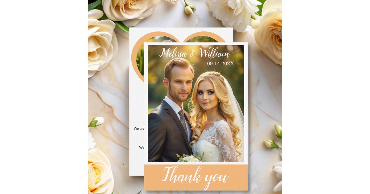 Elegant Chic Script Love Heart Wedding Photo Thank You Card | Zazzle