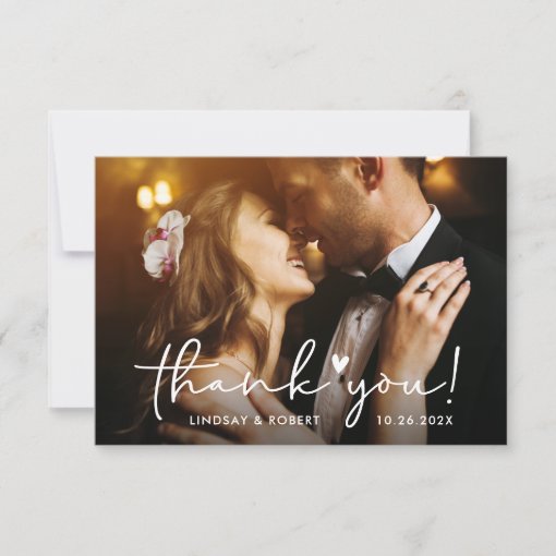 Elegant Chic Script Love Heart Wedding Photo Thank You Card | Zazzle