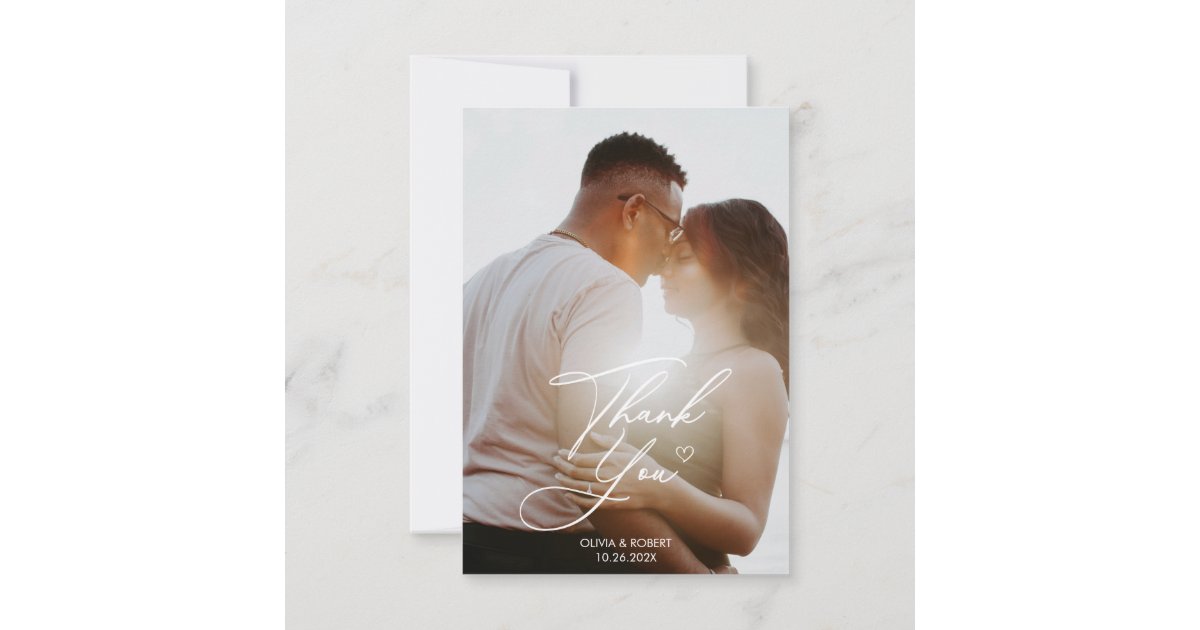 Elegant Chic Script Love Heart Wedding Photo Thank You Card | Zazzle