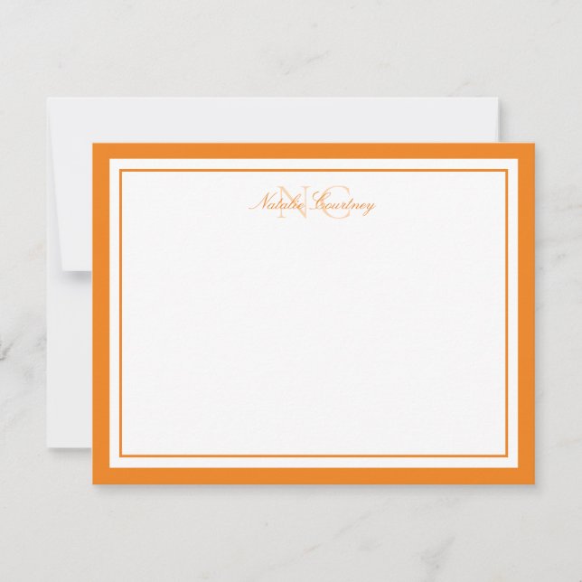 Elegant Chic Script Orange Two Border Monogram Note Card (Front)