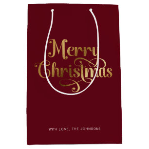 Elegant Chic Script Red Gold Merry Christmas Medium Gift Bag