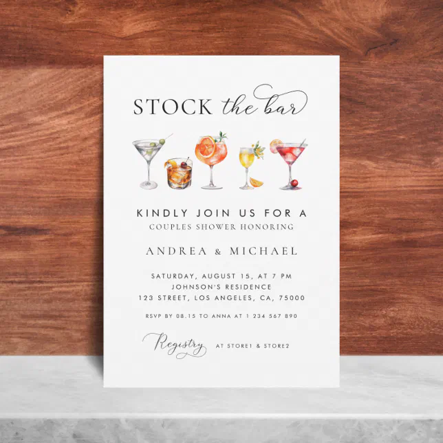 Elegant Chic Script Stock the Bar Couples Shower Invitation | Zazzle