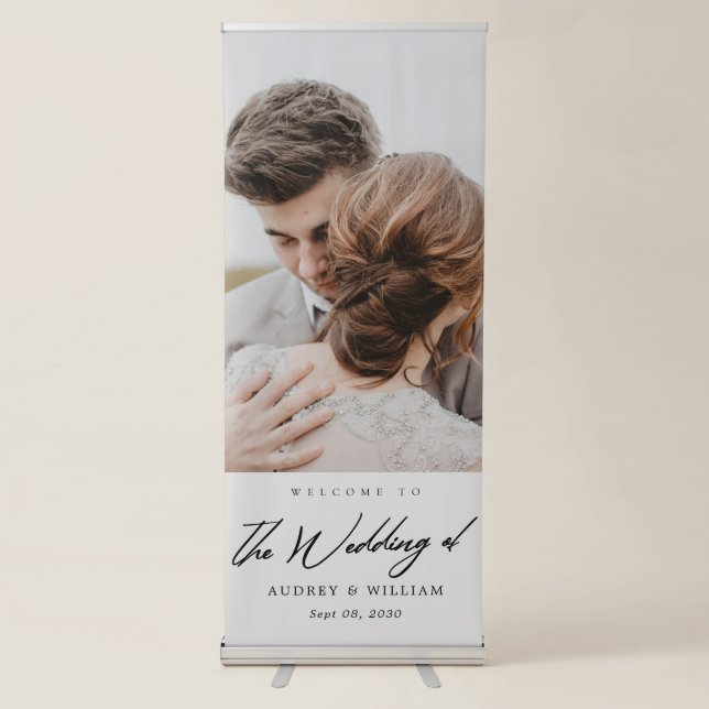 Elegant Chic Script Welcome: Modern Photo Wedding Retractable Banner (Front)