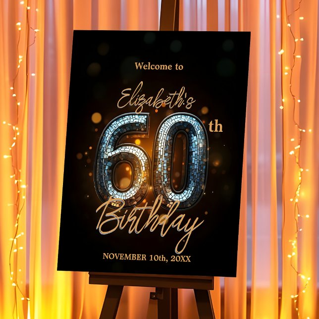 Elegant Chic Shiny Black Gold Mosaic 60th Birthday Foam Board (Creator Uploaded)