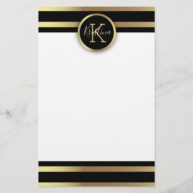 Elegant Chic Shiny Gold and Black Striped   Stationery (Front)