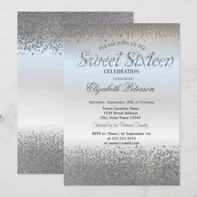 Elegant Chic Silver Diamonds Confetti  Sweet 16 Invitation (Front/Back)